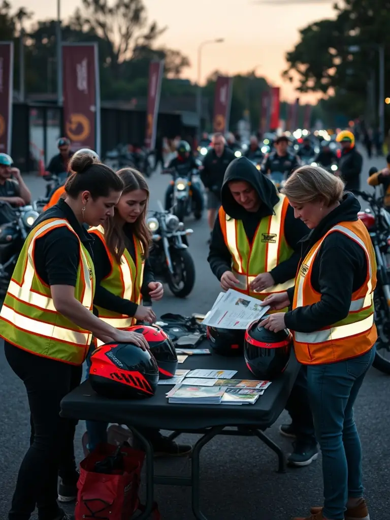 A photo of FMF 22 volunteers organizing and distributing reflective gear and safety information pamphlets at a popular motorcycle gathering point.