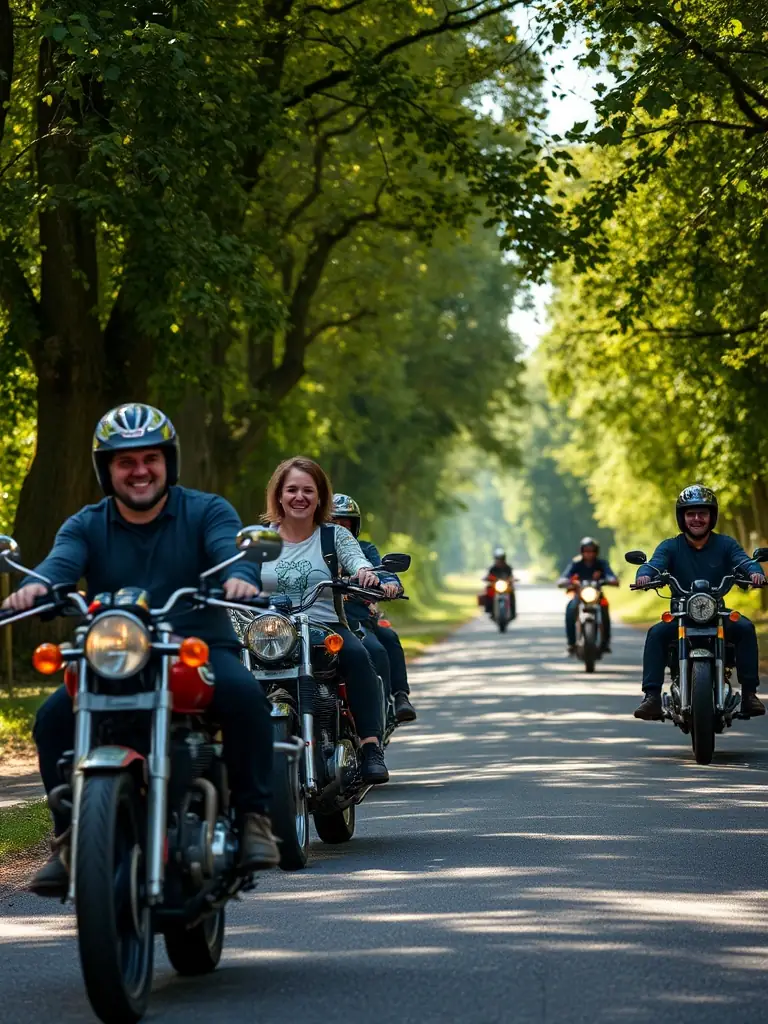 A dynamic shot of FMF 22 leading a group ride focused on promoting responsible riding and adherence to traffic laws, emphasizing safety and camaraderie.