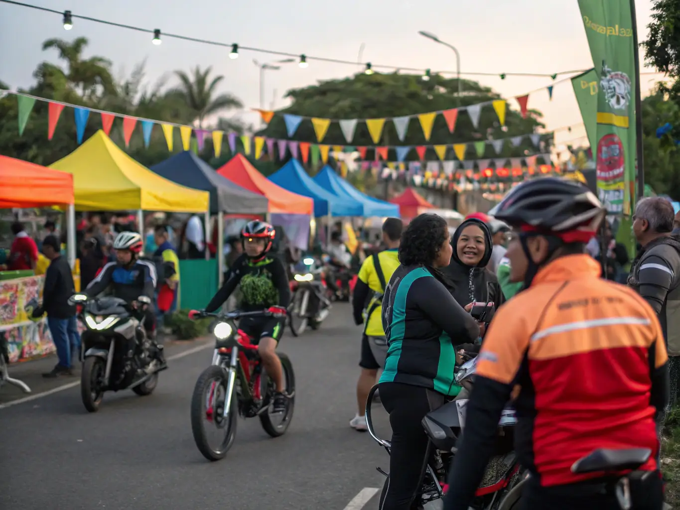 A vibrant image of a community event organized by FMF 22, showcasing motorcyclists and local residents engaging in discussions about road safety and responsible riding.