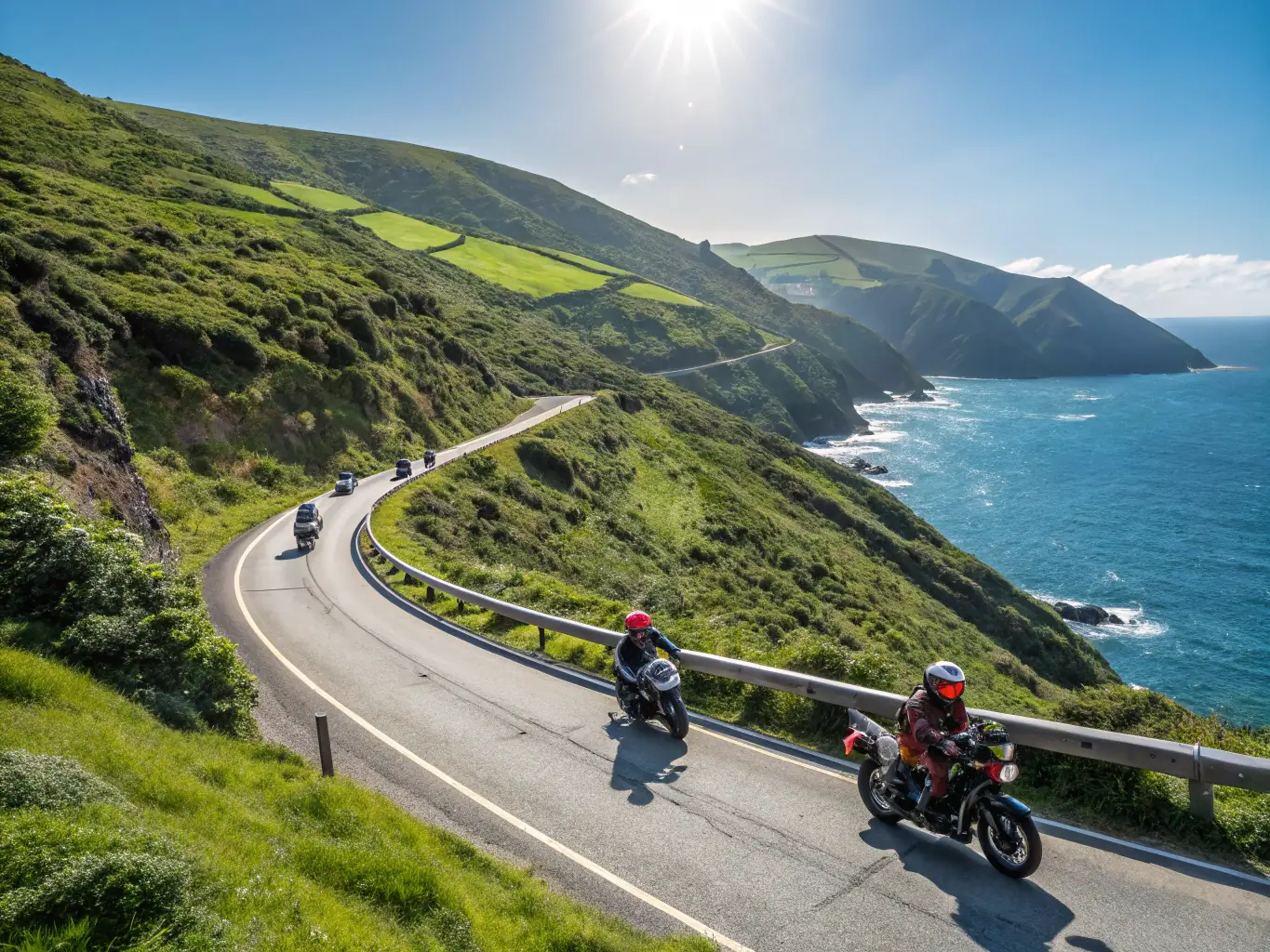 A vibrant image capturing FMF 22 members on a scenic group ride through the Côtes-d'Armor region, showcasing the camaraderie and shared passion for motorcycling.