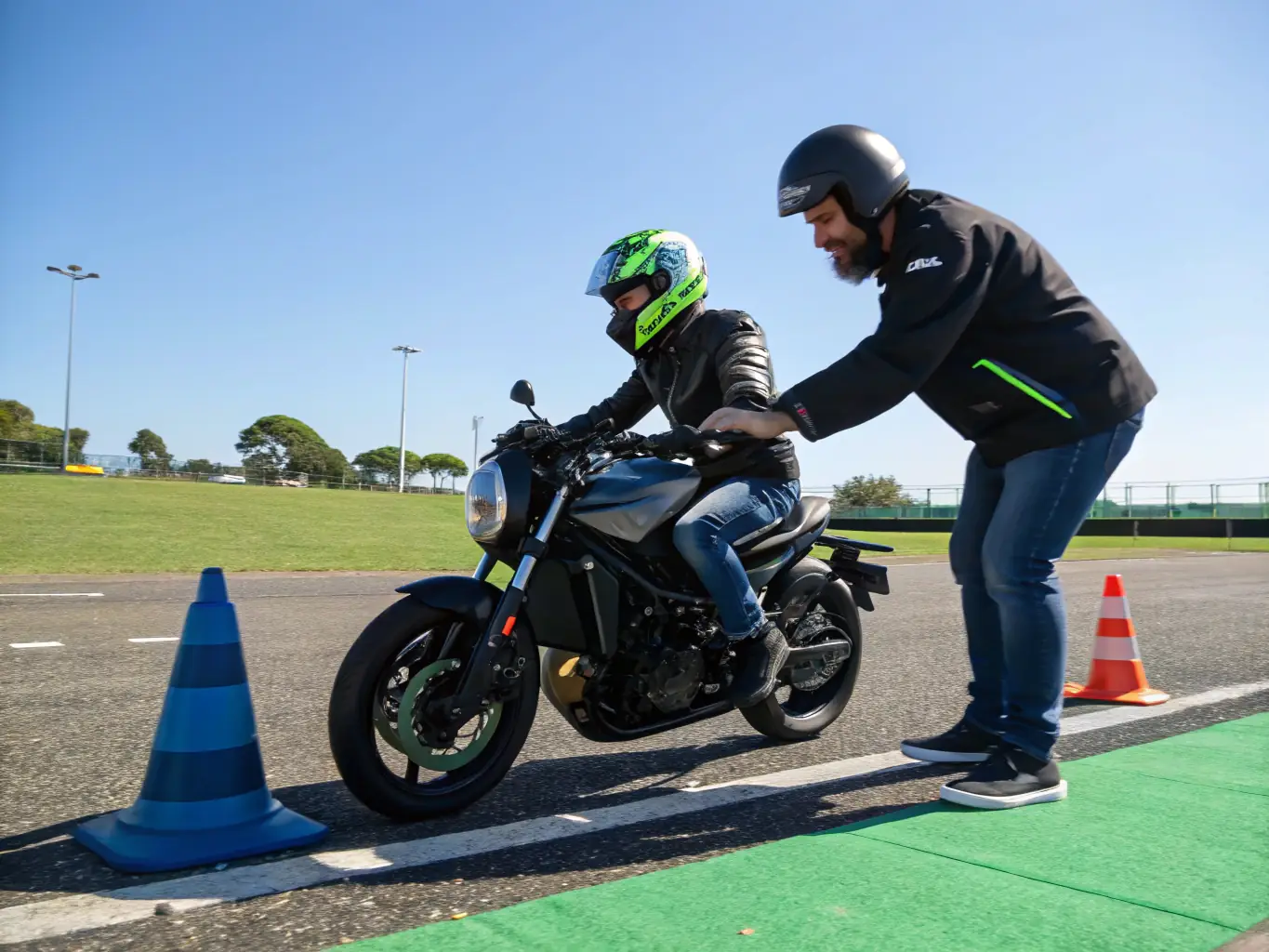 A photograph of motorcyclists participating in an advanced riding skills workshop organized by FMF 22, focusing on techniques for safe maneuvering and hazard avoidance.