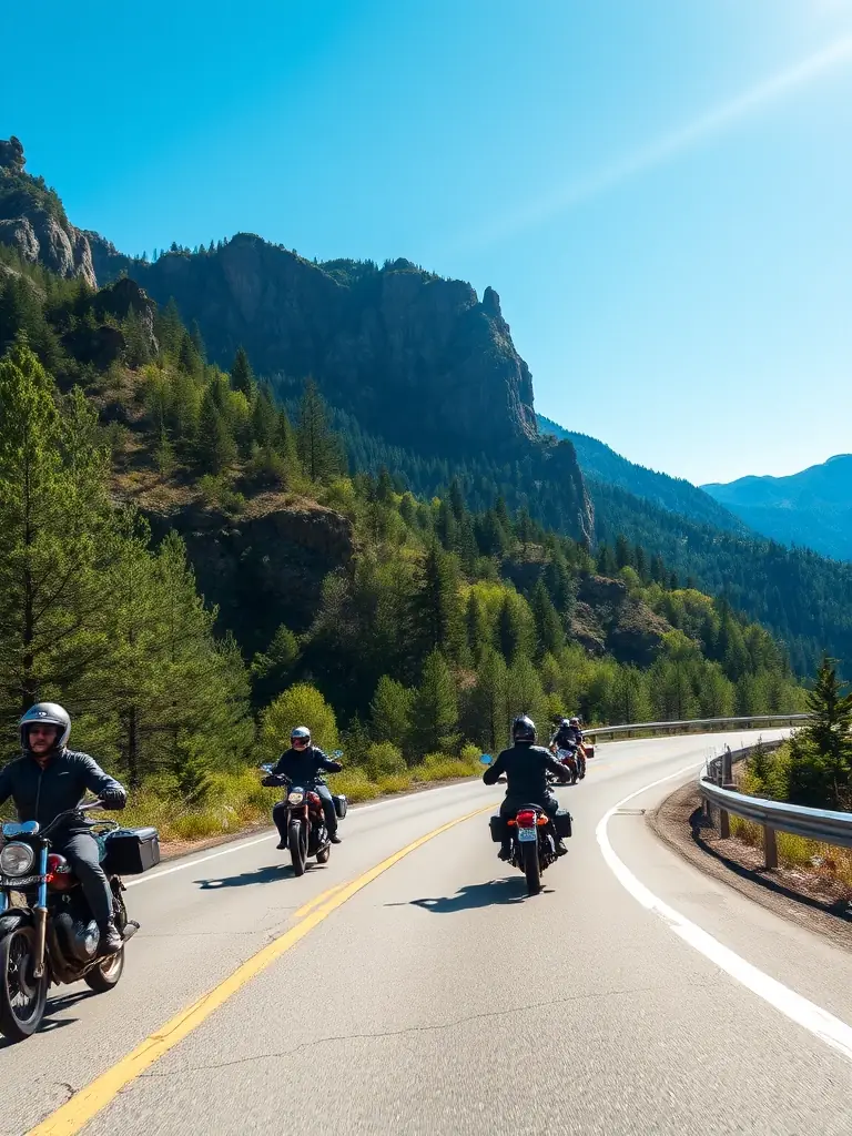 A group of motorcyclists participating in a road safety workshop, demonstrating proper riding techniques and gear usage, set against a backdrop of a sunny day on a winding road in Côtes-d'Armor.