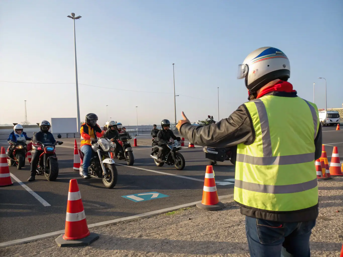 A group of motorcyclists participating in a road safety workshop, demonstrating proper riding techniques and gear usage, set against a backdrop of a sunny countryside road.