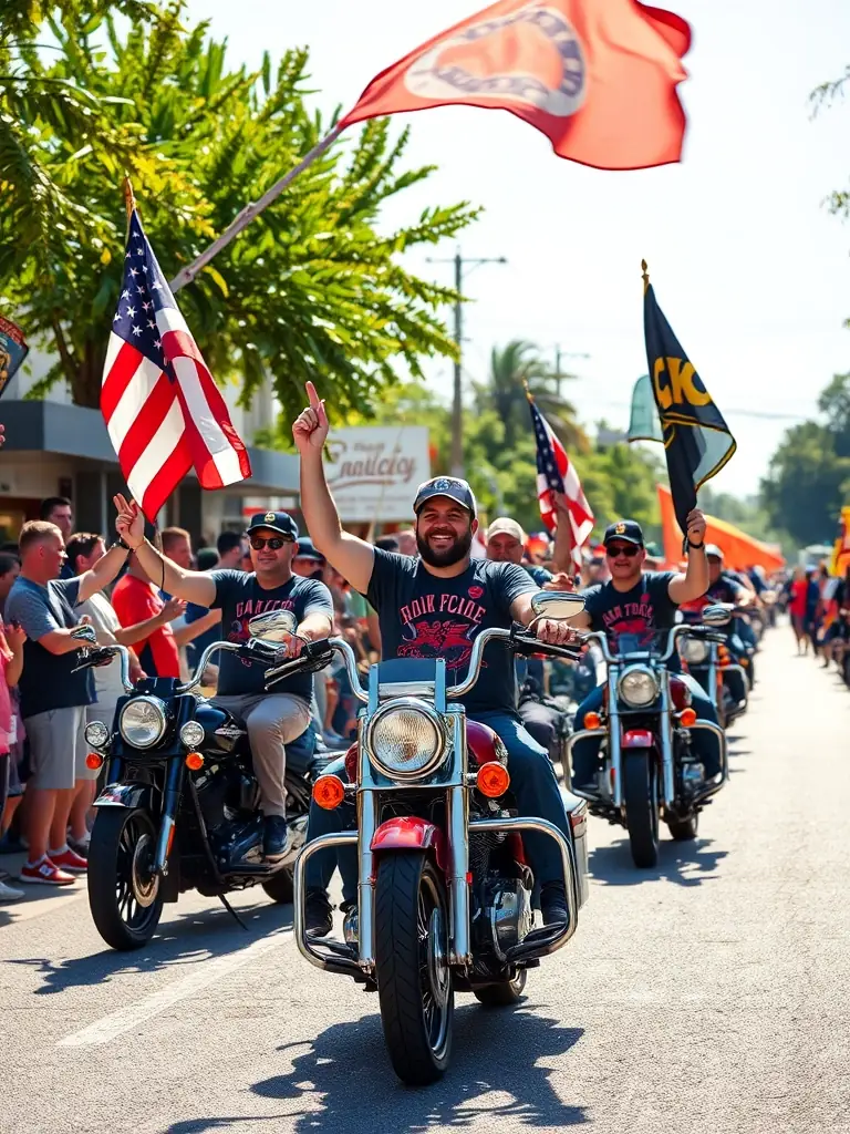 A community event organized by FMF 22, showing motorcyclists and local residents interacting, with banners promoting road safety awareness and responsible riding.